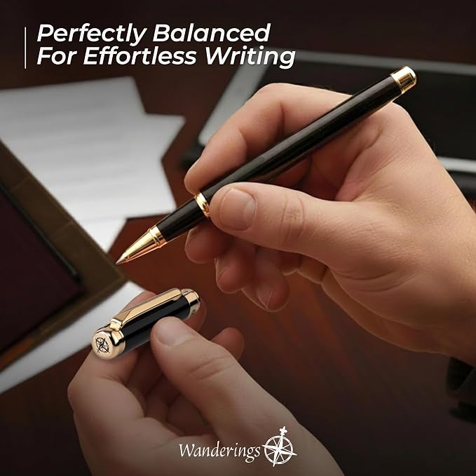 WANDERINGS Premium Rollerball Pen with German Ink – Perfectly Balanced for a Superb Writing Experience, 24K Gold Plated Black – Piano Black - Includes a Schmidt Refill in a Giftable Presentation Case