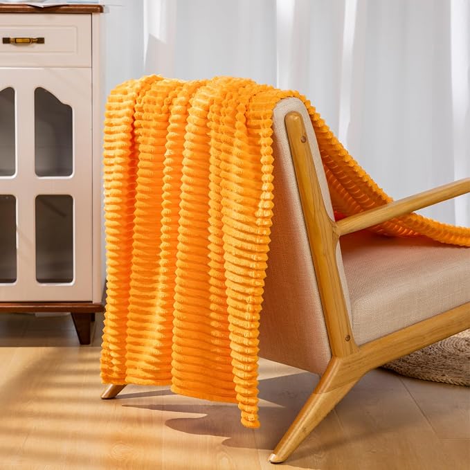 Vessia Flannel Fleece Queen Size Blanket for Bed,Couch,Sofa(90x90inch), 300GSM Microfiber Orange Striped Bed Blanket for Adults, Super Soft Warm Cozy Lightweight Ribbed Decor for All-Season
