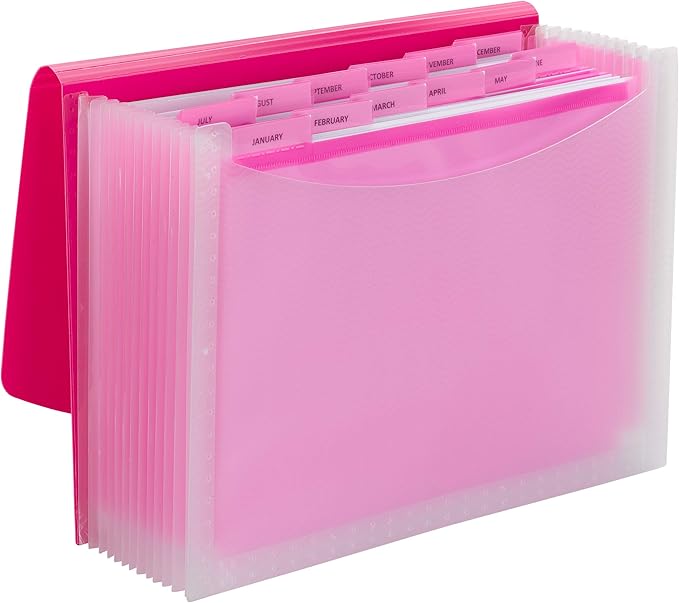 Smead Poly Frequency Expanding File Folders, Flap and Cord Closure, Letter Size, Wave Pattern, 13 Pocket, Pink/Clear (70864)