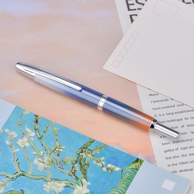 Jinhao 10 Press Fountain Pen with Box, Gradient Dark Blue Retractable Fine Nib with Ink Converter Set (Silver Clip)