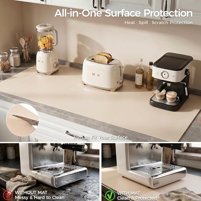 1.6mm Thick Leather 16x36 Inch Non-Slip Mat, Waterproof Countertop Protector, Wide Coffee Station/Large Office Desk Pad, Warm Beige