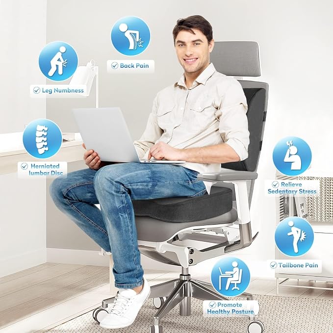 CloudBliss Lumbar Support Pillow & Seat Cushion Set for Office Chair, Desk Chair, Wheelchair & Car – Memory Foam Back Support, Ergonomic Chair Cushions, Sciatica Pain Relief, Home Essentials, Grey