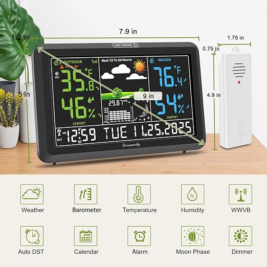 DreamSky Weather Station Indoor Outdoor Thermometer Wireless, Atomic Clock | Digital Large Display with Backlight Dimmer, USB Port, Inside Outside Temperature Humidity Monitor for Home (Plug-in)