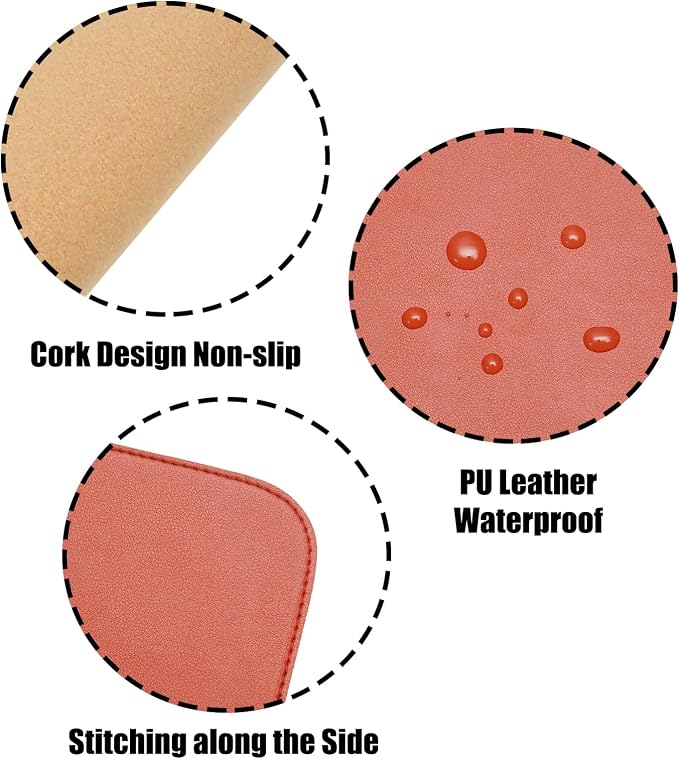 Large Double Sided Desk Mat 31.5" x 15.7" PU Leather Cork Mouse Pad | Large Orange Overlocked Edge Desk Pad Protector for Office Home Gaming Laptop Vanity, Overlocked with Matching Thread