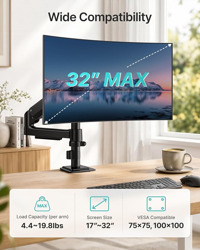 Single Monitor Arm for 17-32 Inch Screens, Holds up to19.8 lbs | Desk Monitor Mount with Clamp and Grommet Base,Gas Spring Monitor Stand,Full Motion Monitor Arms for Home Office