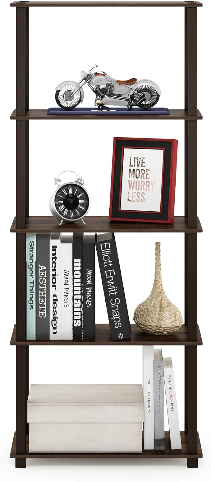 Furinno TURN-S-TUBE Book Shelf, 5-Tier Toolless Storage Shelves with Square Tubes, Shelving Unit for Organization and Storage for Living Room, Home Office, Walnut