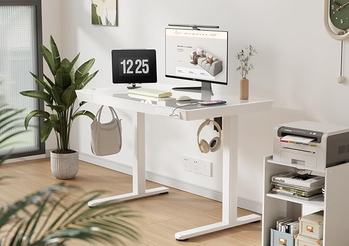 Claiks Small Glass Standing Desk with Drawers & USB Ports 32x19 White | 3 Steps Quick Install, Buil in Drawer, USB Ports, Ultra White One-Piece Glass Top, Writable Top