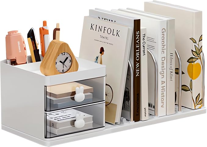 Desk Organizer with Bookends, Desktop Storage Box with 2 Drawers (White) | Multi-Functional Desk Accessories Organizer with 3 Top Compartments and 4 Bookends for Home Office School Supplies