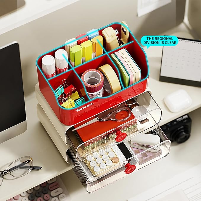Desk Organizer with Drawers & Divided Compartments, Stackable Desktop Storage Caddy for Makeup and Office Stationery (Cream)