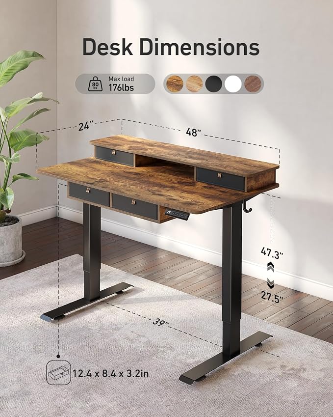 CubiCubi 48" x 24" Standing Desk with Drawers, Electric Height Adjustable Workstation, Computer Sit Stand Up Office Table with Large Storage Shelf, 4 Drawers and 2 Hooks, Rustic Brown