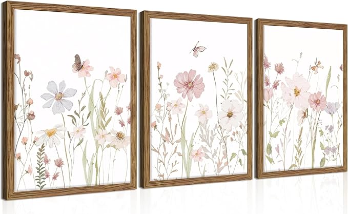 Framed Wildflower Wall Art Set of 3, Pink Floral Canvas Wall Decor Pictures, Vintage Flower Botanical Paintings, Nursery Flowers Butterfly Posters Prints for Bedroom Living Room 16x24 Inch