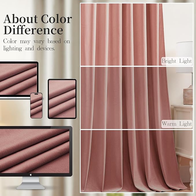AUSSPVOCT Pink Velvet Curtains for Girls Bedroom Light Reducing Thermal Insulated Velvet Curtain 90 Inches Luxury Window Drapes for Living Room Nursery, Back Tab Rod Pocket, W52 x L90, 2 Panels