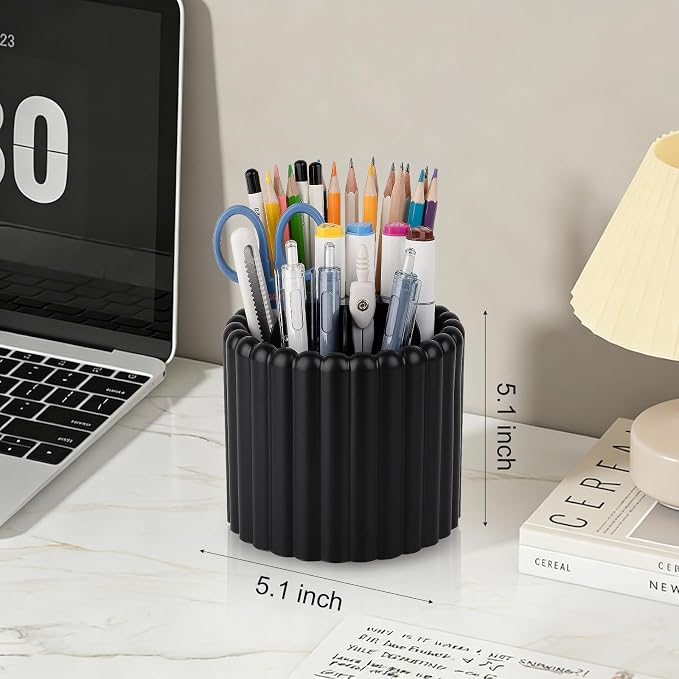 360° Rotating Pen Holder for Desk Removable Pencil Organizer, Black | 7 Slots Pen Cup Cute Office Supplies and Accessories Plastic Desktop Storage Box Art Caddy for School, Work, Home