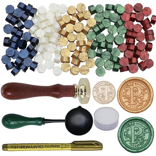 Initial Alphabet Wax Seal Stamp Kit, Retro Letter P Sealing Stamp with 150Pcs Sealing Wax Beads Spoon Pen Set for Wedding Invitations Cards Envelopes (P)