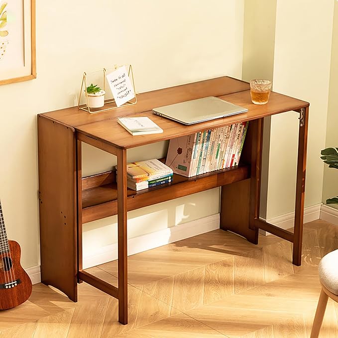 Folding Computer Desk with Bookshelf Bamboo Portable Foldable Table for Writing, Studying, Gaming Folding Desk for Student Office