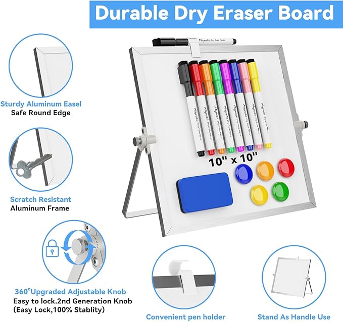 Dry Erase White Board, Cazeyoo Magnetic Desktop Whiteboard 10 x 10inch with Stand, 8 Markers, 4 Magnets and 1 Eraser, Portable Double-Sided White Board for Kids Drawing, Office, Home, School