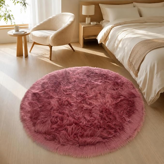 EasyJoy Faux Sheepskin Rug, Fluffy Faux Fur Rug, Ultra Soft Shag Area Rug with Non-Slip Backing for Bedroom, Living Room, Nursery, Kids Room(4 x 4 ft Round, BlushPink)