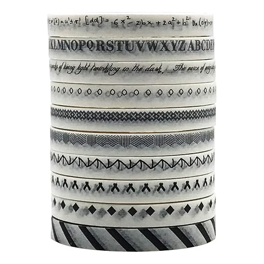 5mm Wide Slim Washi Tapes Set,10 Rolls Minimalist Black White Style Japanese Masking Decorative Tapes for Bullet Journal Planners DIY Decor Crafts Arts Scrapbooking Adhesive