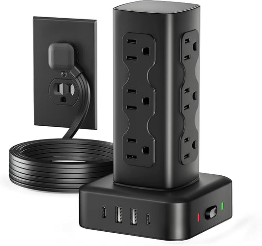 Power Strip Tower Surge Protector(2000J), Flat Plug Charging Station Tower with 12 AC Outlets & 4 USB Ports(2 USB C), 6FT Extension Cord for Home Office Dorm, Black