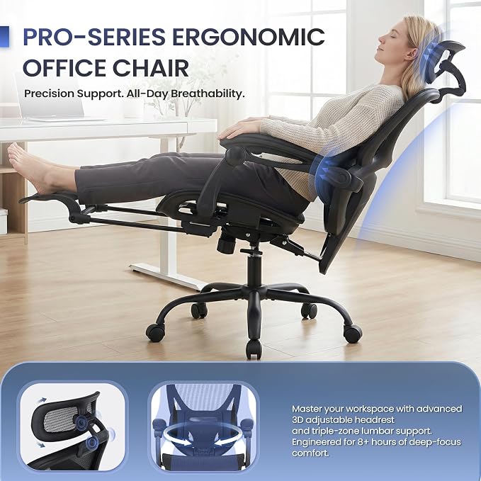 MALOL Ergonomic Mesh Office Chair with Footrest, Executive High Back Computer Desk Chair with 3D Adjustable Headrest & 5-Level Lumbar Support, Track Armrest, Tilt Lock, 300LBS, Black