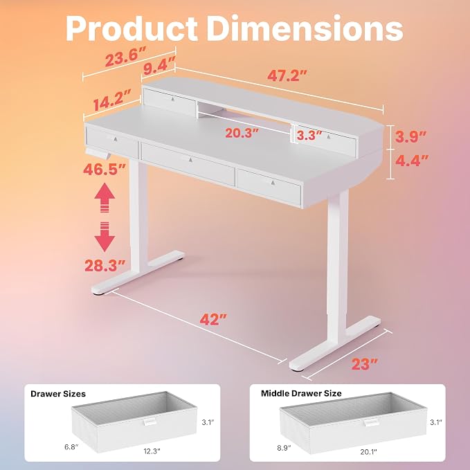 HUANUO 48 x 24 Inch Electric Standing Desk with 4 Drawers, White | 4 Drawers For Organized Storage, Raised Monitor Shelf, C-Clamp Mount Support, 4 Memory Presets, 28.3–46.5 Inch Height Range