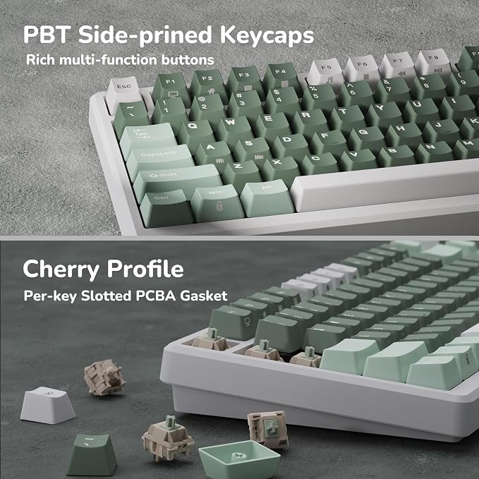 RK ROYAL KLUDGE M75 Wireless Mechanical Keyboard 2.4Ghz/BT5.1/USB-C Gaming Keyboard 75% Layout 81 Keys Gasket Mount with OLED Display & Knob RGB Backlight Hot-Swappable Pale Green Switch, Green