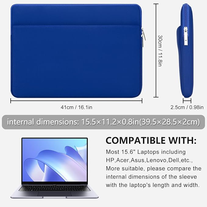 Laptop Sleeve Bag Compatible with 15.6 inches HP Lenovo Asus Acer with Zipper Accessory Pocket Padded Computer Pouch Cover Shockproof Protective for 15.6” Laptop,Blue