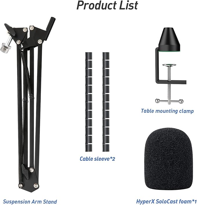 SoloCast Boom arm for HyperX, Microphone Stand for HyperX SoloCast – Mic arm Upgrade C Desk Clamp, 2 Cable Ties, Mic Cover Compatible with HyperX SoloCast by SUNMON