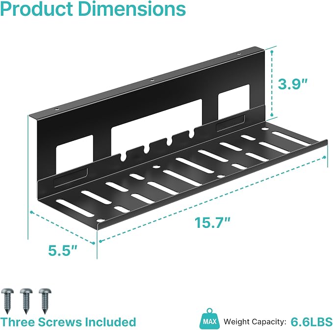 Under Desk Cable Management Tray, 15.7'' Screw-Mount Steel Rack | Metal Cord Organizer for Power Strips, Chargers, Reversible Installation, Effortless Wire Management for Home Office, Black