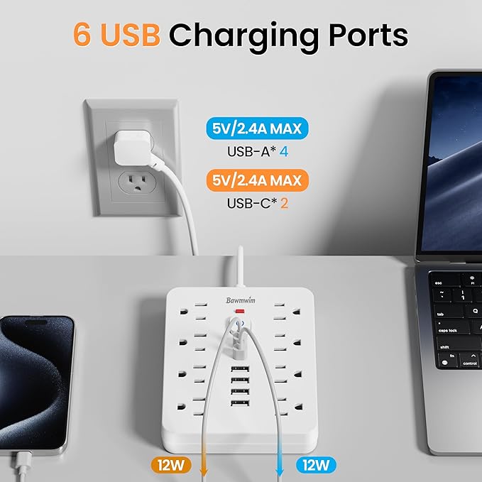 Surge Protector Power Strip - 8 Outlets(1850W/15A/14AWG) 4 USB A（2 USB C, 10FT Flat Plug Extension Cord, Wall Mount Multi Plug Outlet Extender, ETL Listed for Home, Dorm Room