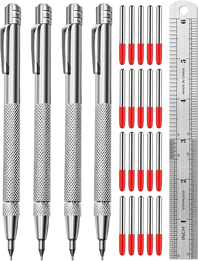 Tungsten Carbide Scriber, Knurled Aluminum Handle, 4-Pack with Bonus Marking Tips and Steel Ruler, Ideal for Detailed Crafting and Carving