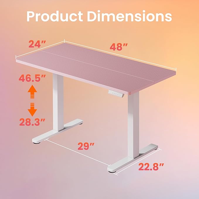 HUANUO Electric Standing Desk,48" x 24" Height Adjustable Desk, 4 Memory Height Settings, Sit to Stand Up Desk for Home Office, with Headphone Hook, Cable Manager, Pink