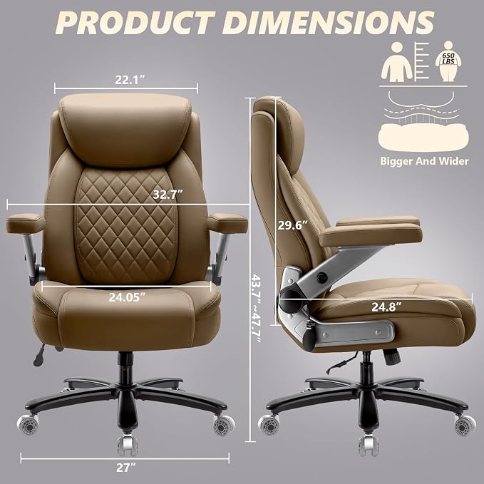 650LBS Big and Tall Office Chair with 5D Flip Arms and Thick Pocket Spring Cushion, Extra Wide Heavy Duty Office Chair & Adjustable Lumbar Support, Large High Back Computer Chair Dual Rubber Wheel