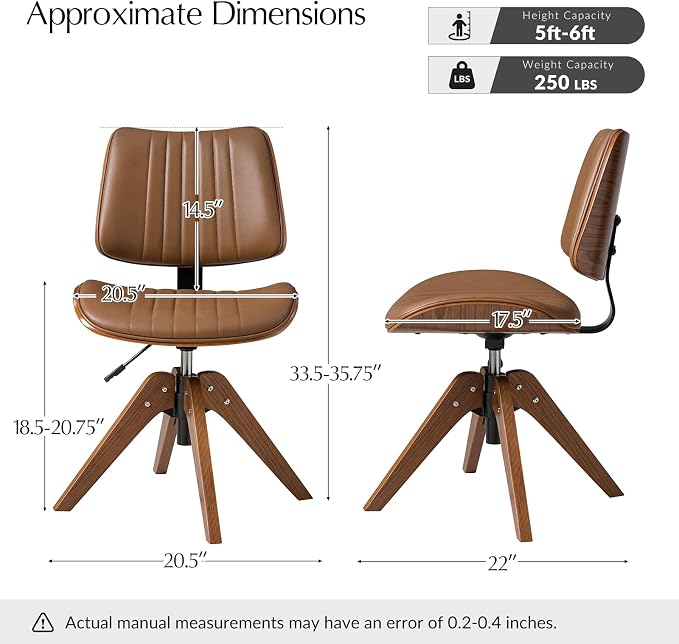 HULALA HOME Faux Leather Home Office Desk Chair No Wheels, Camel | Mid-Century Modern Desk Chair with Wood Legs, 360° Swivel Computer Task Chair with Channel-Tufted Backrest, Height Adjustable