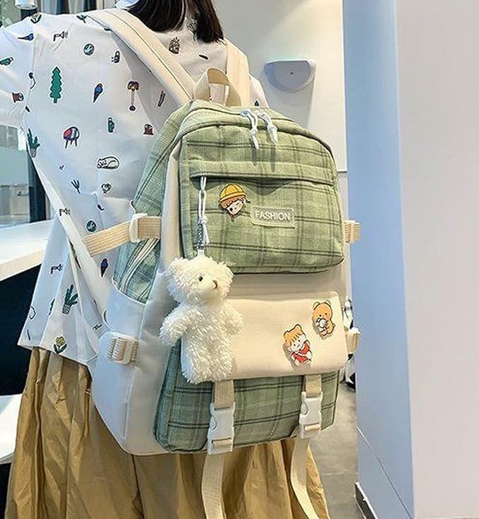 Aobiono 5Pcs Kawaii Plaid Backpack Set Aesthetic Preppy Cute Check with Pins Bear Pendant Light Academia School Supplies Kit
