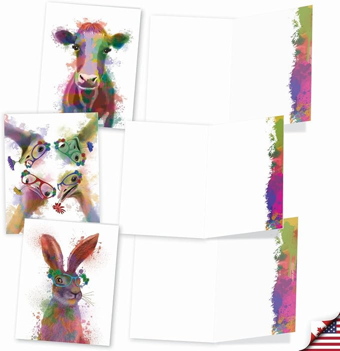 Best Card Co 10 Blank Watercolor Animal Note Cards Box Set 4 x 5 Inch + Envelopes Funky Rainbow Wildlife for Animal Lovers M4948OCB-B1x10-NB
