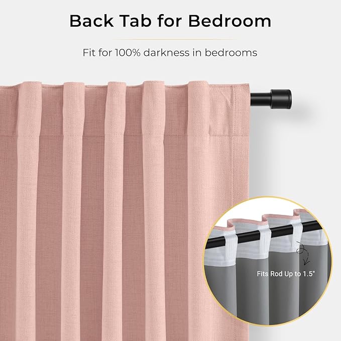 INOVADAY 100% Blackout Curtains for Bedroom, Blush Pink Black Out Curtains 108 Inch Long, Clip Rings Linen Blackout Drapes, Thermal Insulated Room Darkening for Living Room, 2 Panels - W50xL108