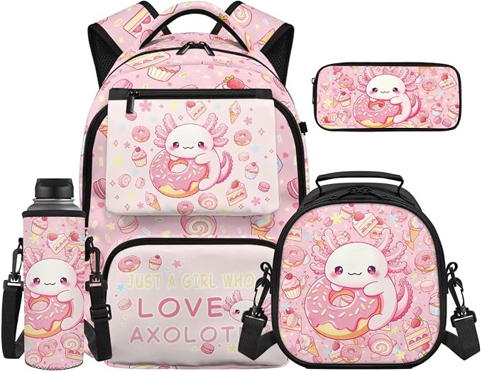 WELLFLYHOM 4 PCS Cake Donut Axolotl Backpack Set for Girls Ages 8-12 | Lightweight Elementary Daypack Set Includes Lunch Box, Pencil Case and Water Bottle Sleeve for All-Day School Use