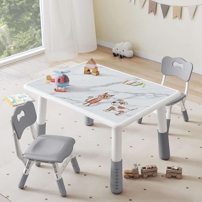 DOREROOM Toddler Table and 2 Chairs Set, Marble Top, No-Screw Legs, Grey | Graffiti Desktop, 31.5"L x 23.6"W, Frameless, Kids Ages 3-8, FSC-certified, Children Activity for Daycare, Classroom, Home