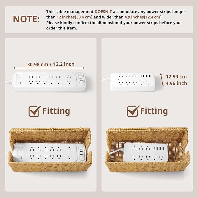 Cable Management Box, Handwoven Synthetic Rattan Cable Organizer, 2 Side Open Slots Cords Hider Box, Under Desk Cord Organizer for USB Wire, TV PC Charger & Power Strip, Natural