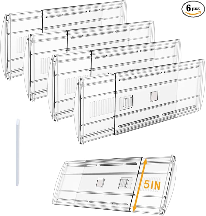 4 Pack Adjustable Drawer Dividers for Clothes,5" High Expandable From 13-21" Clear Drawer Organizers, PC Plastic Separators for Dresser/Bedroom/Bathroom/Kitchen/Office Storage