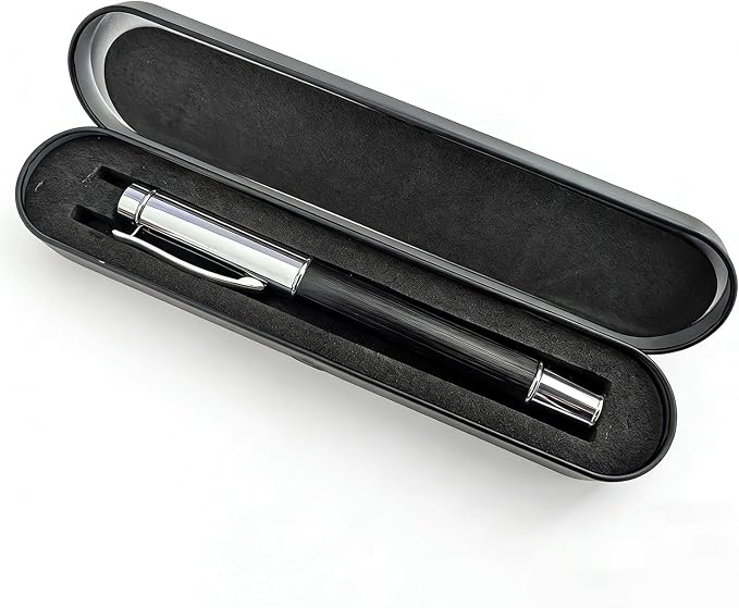 Brushed Metal Black Rollerball Pen - 0.5mm Fine Point Executive Writing Pen for Men & Women, Professional Signature Pen for Business Office & Journaling, Luxury Stationery Gift with Metal Case
