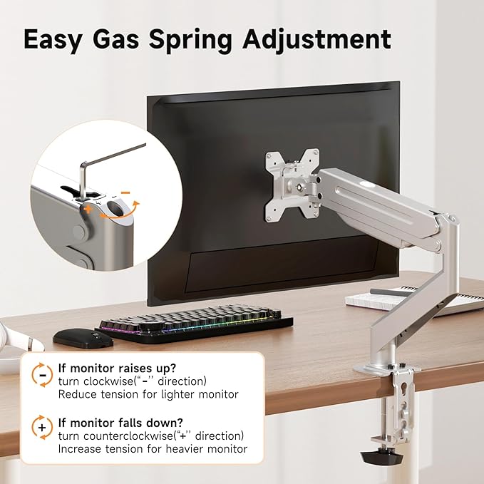 Suptek Monitor Mount Gas Spring Monitor Arm Desk Mount Fully Adjustable Fits 17 20 22 23 24 26 32 inch Monitors Weight Capacity up to 22 lbs (Silver)