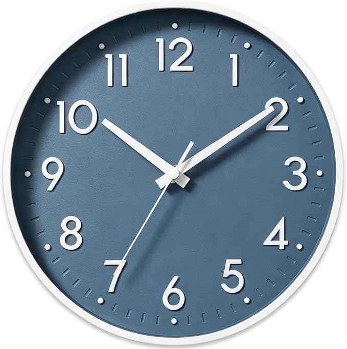 Mosewa 12 Inch Wall Clock Battery Operated Silent Non Ticking Analog | Azure Blue modern clock; oversized 3D easy-read dial for kitchen, bedroom & office; 1 AA battery (not included)