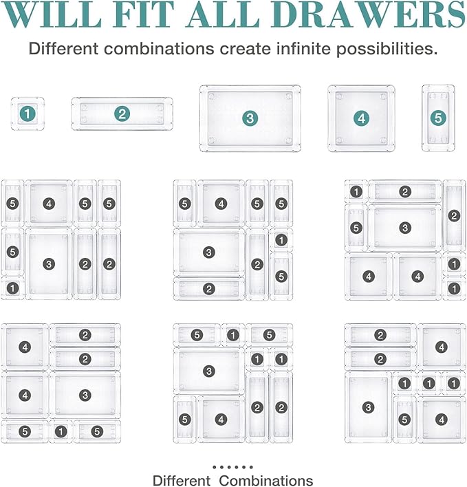 25 PCS Drawer Organizer Set, 5 Size Bathroom and kitchen organizer Trays | Bathroom and kitchen Drawer cabinet organizer Trays, Clear Storage Bins for Makeup, Jewelry, Utensils and Gadgets