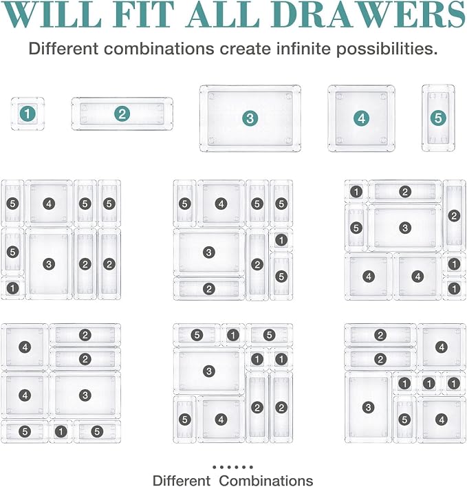 10 PCS Drawer Organizer Set, 5 Size Bathroom and kitchen organizer Trays | Bathroom and kitchen Drawer cabinet organizer Trays, Clear Storage Bins for Makeup, Jewelry, Utensils and Gadgets
