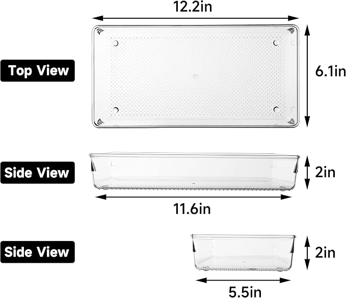 3 Pack Large Clear Plastic Drawer Organizer Tray Cutlery Utensil Makeups Drawer Organizers 12" X 6"