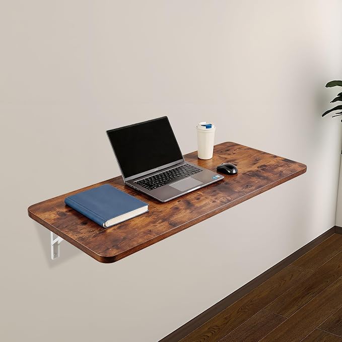 Neoaider Wall Mounted Folding Table 47.2”L x 19.7”W, Laundry Folding Table with Heavy Duty Metal Collapsible Shelf Brackets, Wall Mounted Desk Fold Down for Small Spaces, Brown