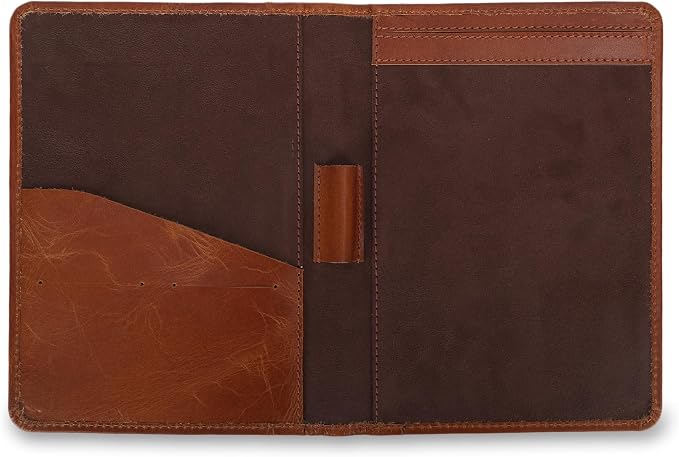 Leather Junior Padfolio for Men Women Business Portfolio Folder Compact 5 x 8 Legal Pad Organizer with Pen Loop Professional Resume Interview Document Holder Padfolio (Cognac Brown)