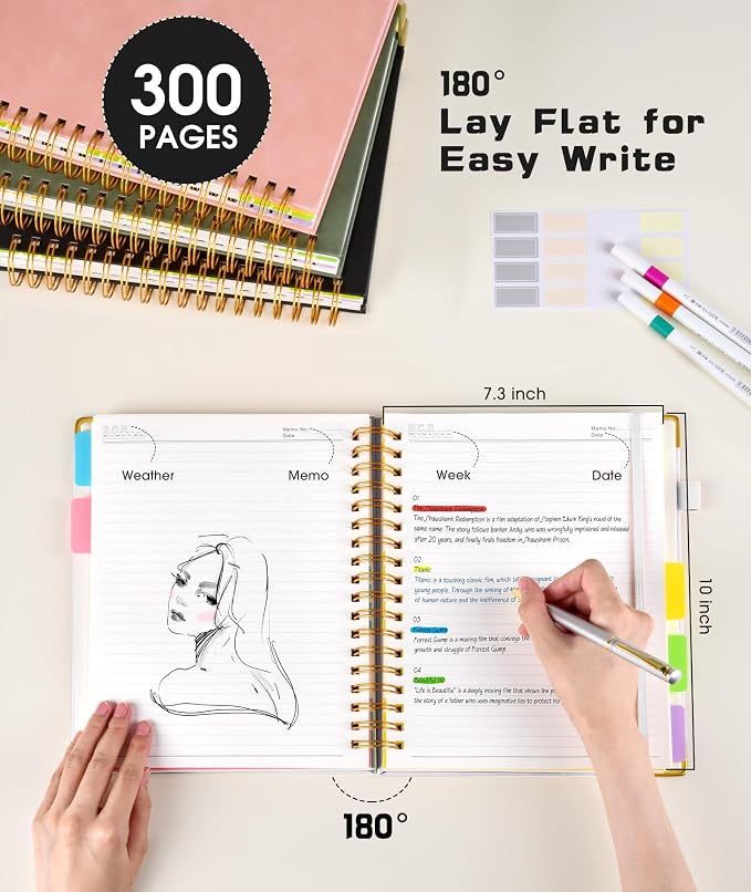 Hardcover Spiral Notebook Journal with Removable Dividers Tabs, 300 Pages Leather 5 Subject Notebook College Ruled, 8"x10" Large B5 Notebooks for Work School Note taking, Lined Journal for Women, White